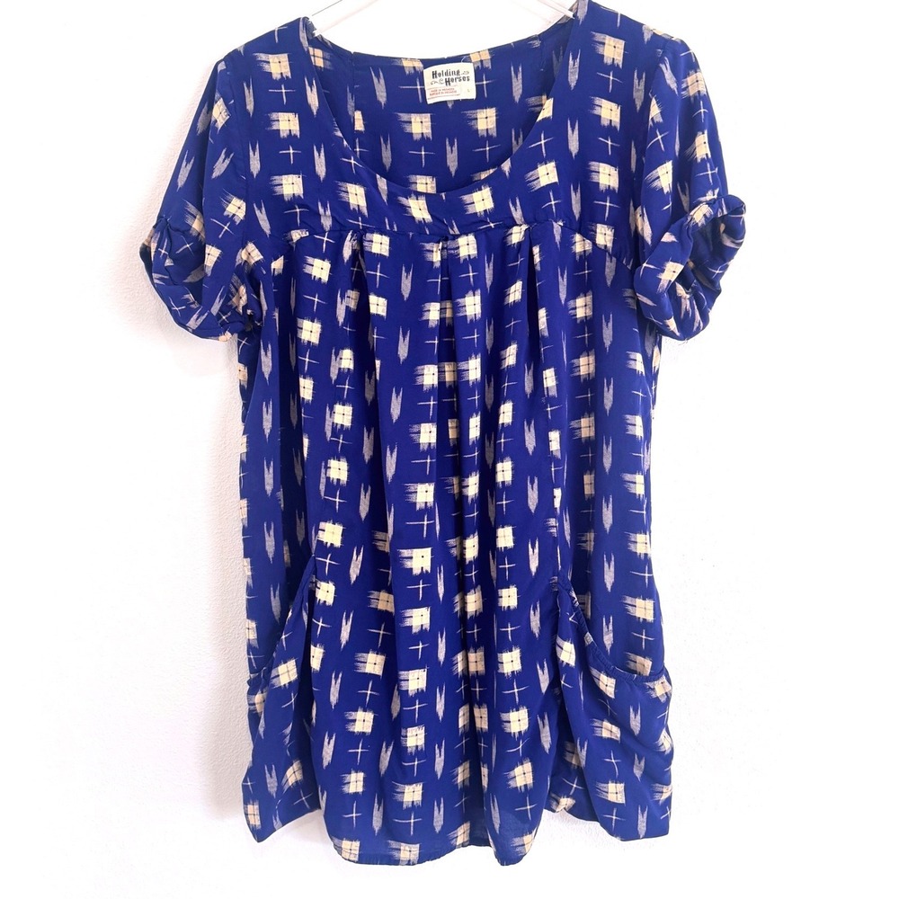 Anthropologie Holding Horses | Blue Abstraction Ikat Tunic Top with Pockets